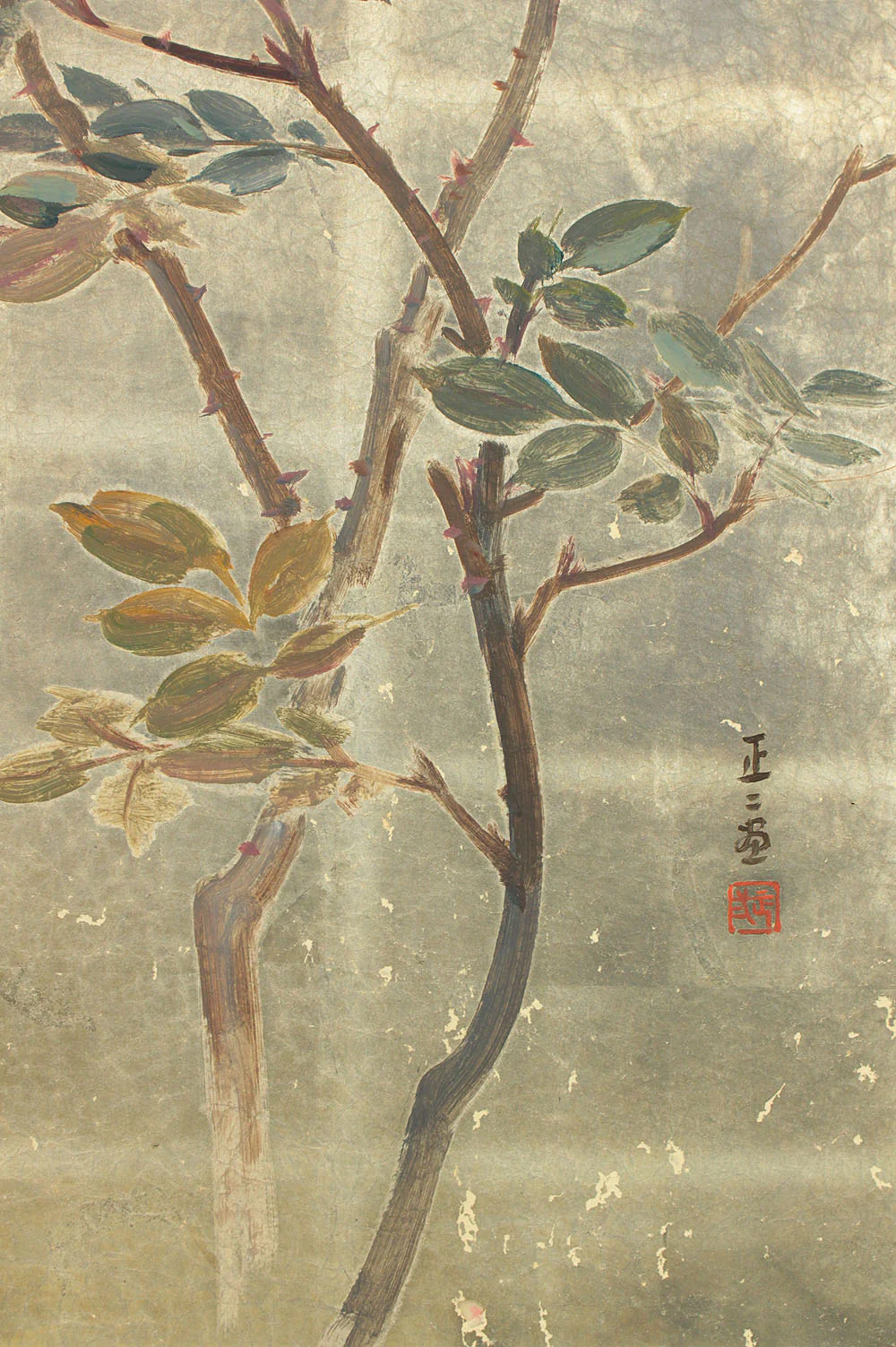 正二堂 Shojido 'Rose Flowers' A Pair of Silver Leaf Byobu Two Panels Folding Screen Byobu Room Dividers VA910 - Image 14