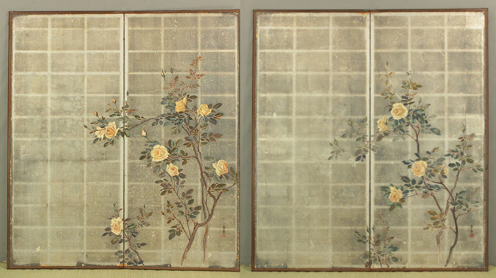 正二堂 Shojido 'Rose Flowers' A Pair of Silver Leaf Byobu Two Panels Folding Screen Byobu Room Dividers VA910 - Image 2