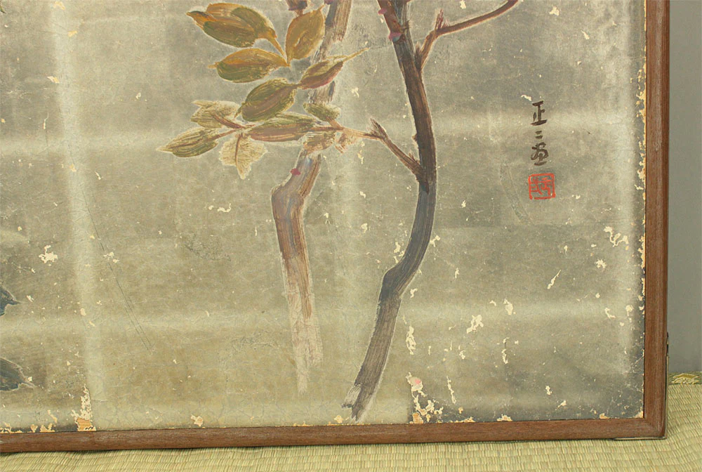 正二堂 Shojido 'Rose Flowers' A Pair of Silver Leaf Byobu Two Panels Folding Screen Byobu Room Dividers VA910 - Image 20