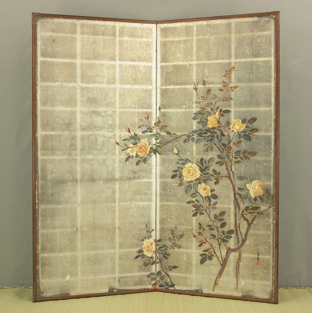 正二堂 Shojido 'Rose Flowers' A Pair of Silver Leaf Byobu Two Panels Folding Screen Byobu Room Dividers VA910 - Image 29