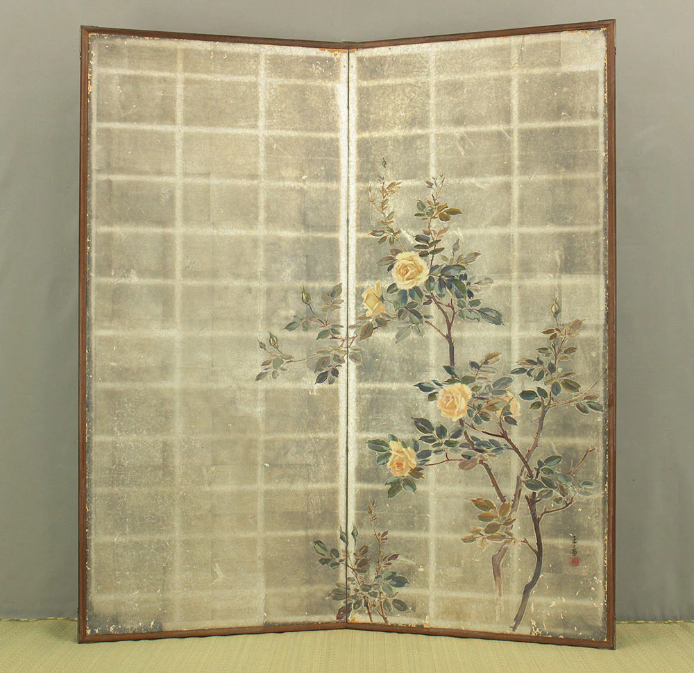 正二堂 Shojido 'Rose Flowers' A Pair of Silver Leaf Byobu Two Panels Folding Screen Byobu Room Dividers VA910 - Image 3