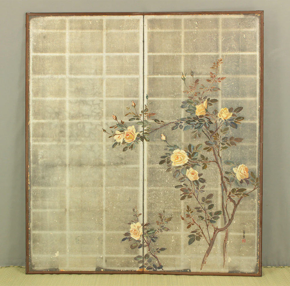 正二堂 Shojido 'Rose Flowers' A Pair of Silver Leaf Byobu Two Panels Folding Screen Byobu Room Dividers VA910 - Image 30