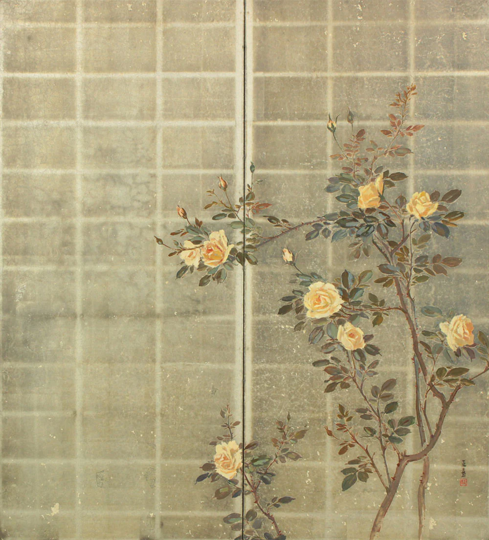 正二堂 Shojido 'Rose Flowers' A Pair of Silver Leaf Byobu Two Panels Folding Screen Byobu Room Dividers VA910 - Image 31
