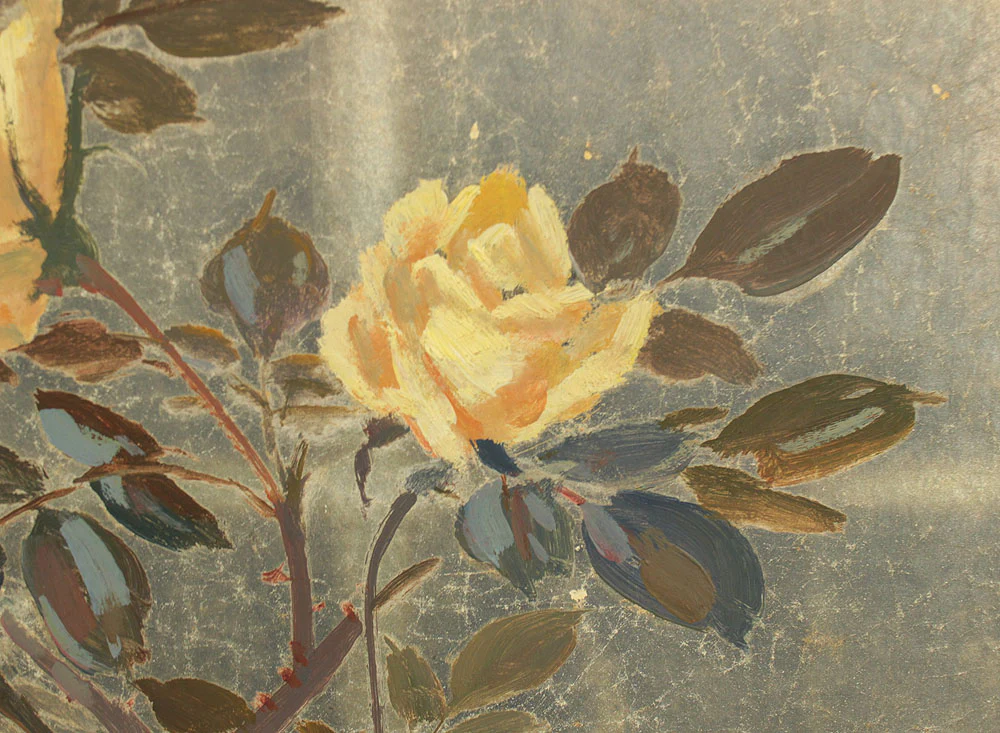 正二堂 Shojido 'Rose Flowers' A Pair of Silver Leaf Byobu Two Panels Folding Screen Byobu Room Dividers VA910 - Image 34