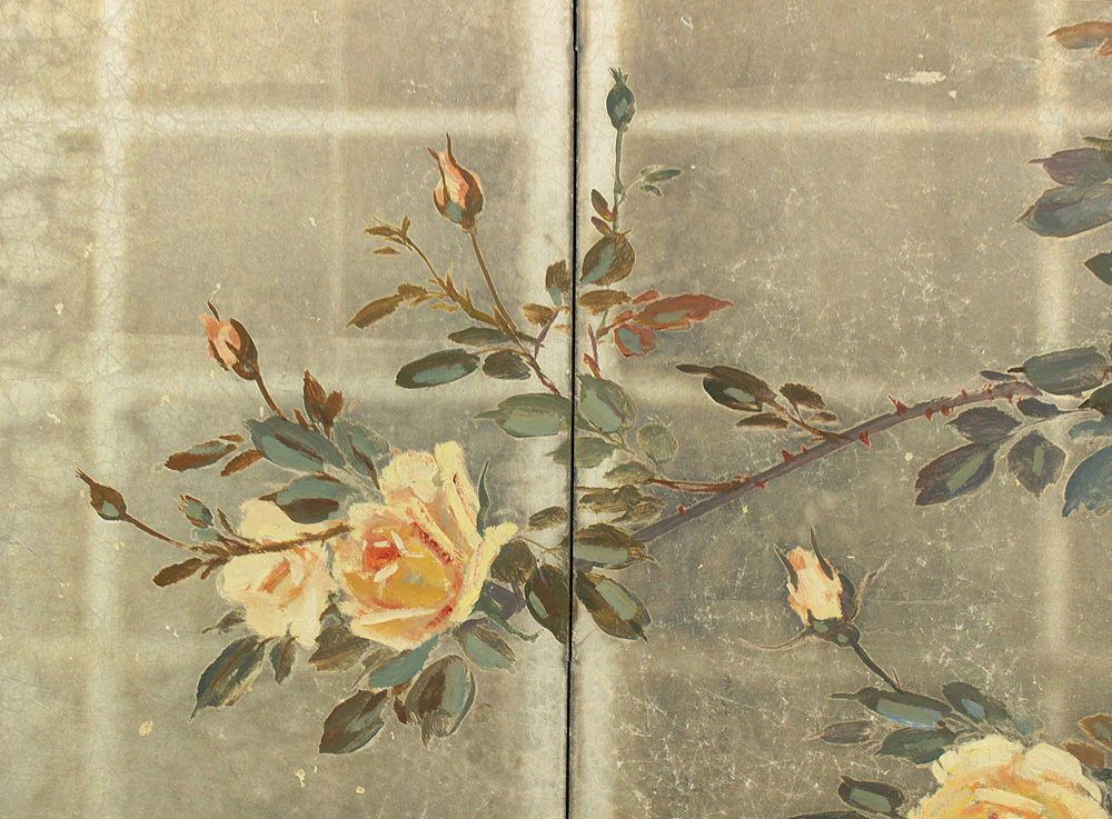 正二堂 Shojido 'Rose Flowers' A Pair of Silver Leaf Byobu Two Panels Folding Screen Byobu Room Dividers VA910 - Image 36
