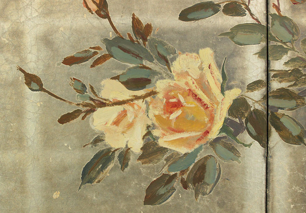 正二堂 Shojido 'Rose Flowers' A Pair of Silver Leaf Byobu Two Panels Folding Screen Byobu Room Dividers VA910 - Image 38