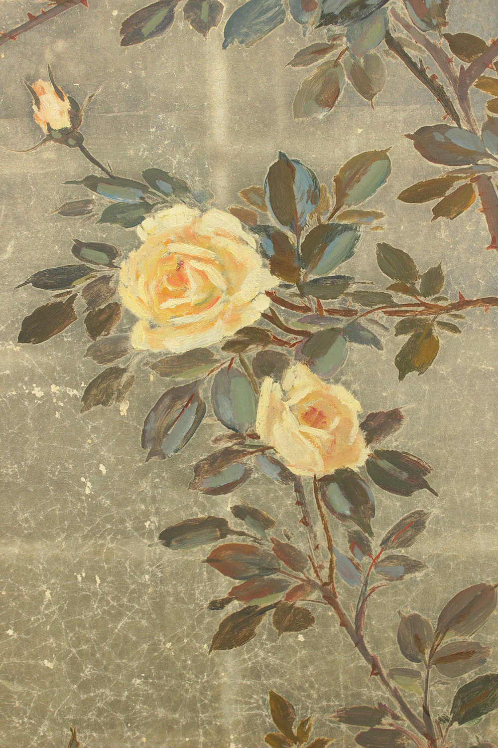 正二堂 Shojido 'Rose Flowers' A Pair of Silver Leaf Byobu Two Panels Folding Screen Byobu Room Dividers VA910 - Image 39