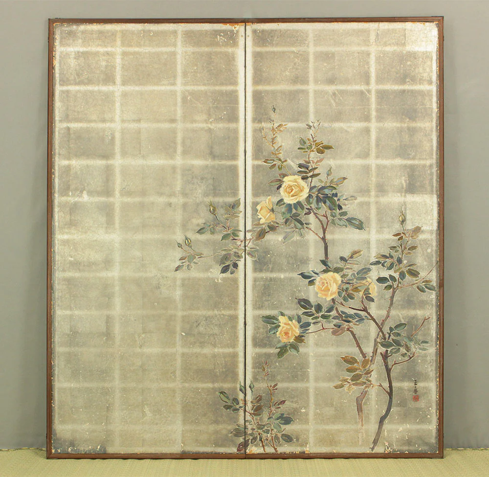 正二堂 Shojido 'Rose Flowers' A Pair of Silver Leaf Byobu Two Panels Folding Screen Byobu Room Dividers VA910 - Image 4