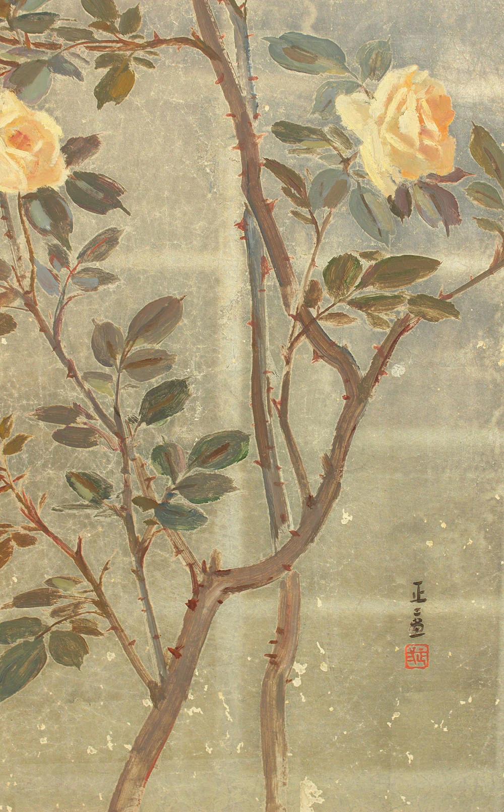 正二堂 Shojido 'Rose Flowers' A Pair of Silver Leaf Byobu Two Panels Folding Screen Byobu Room Dividers VA910 - Image 42
