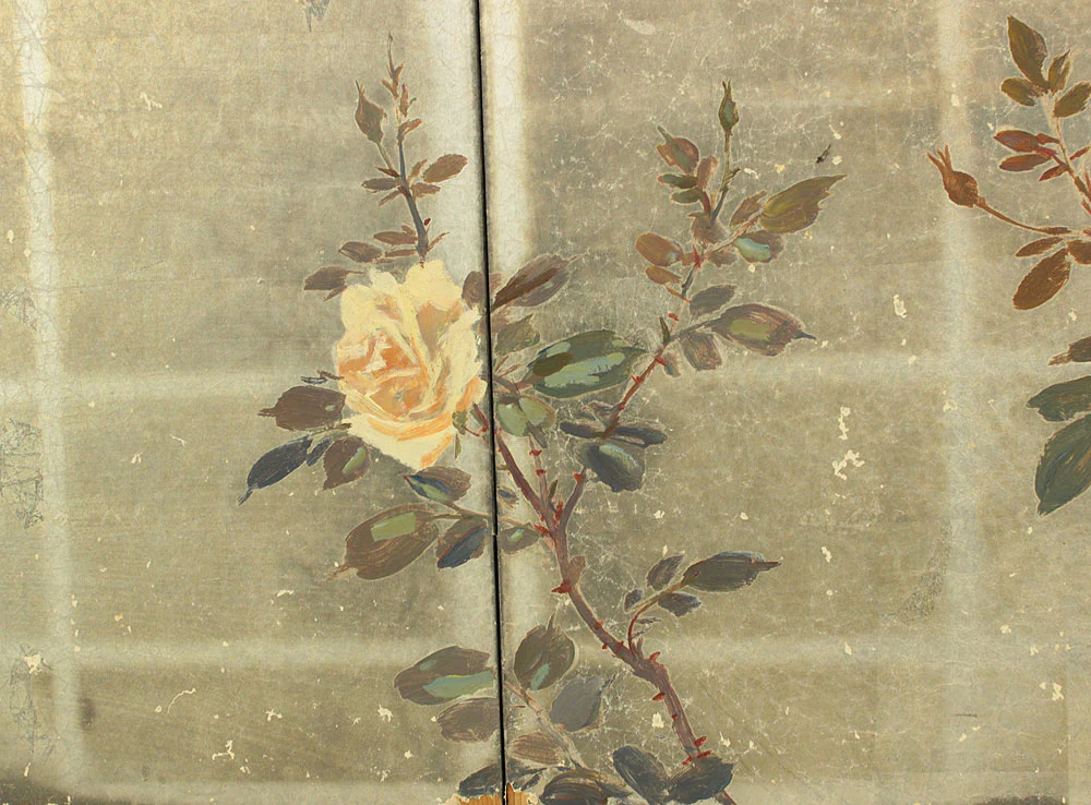 正二堂 Shojido 'Rose Flowers' A Pair of Silver Leaf Byobu Two Panels Folding Screen Byobu Room Dividers VA910 - Image 45