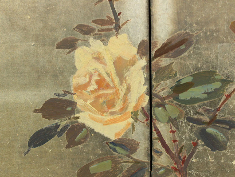正二堂 Shojido 'Rose Flowers' A Pair of Silver Leaf Byobu Two Panels Folding Screen Byobu Room Dividers VA910 - Image 46