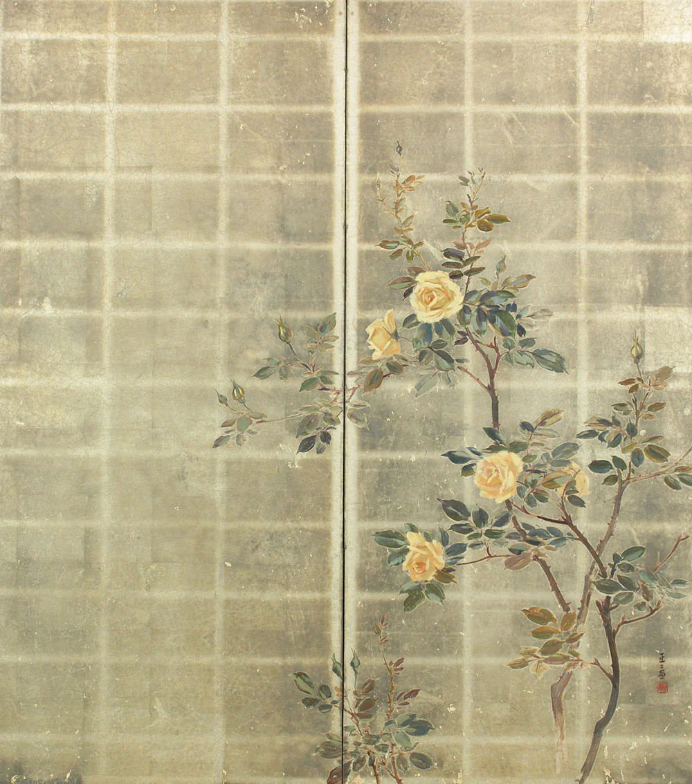 正二堂 Shojido 'Rose Flowers' A Pair of Silver Leaf Byobu Two Panels Folding Screen Byobu Room Dividers VA910 - Image 5