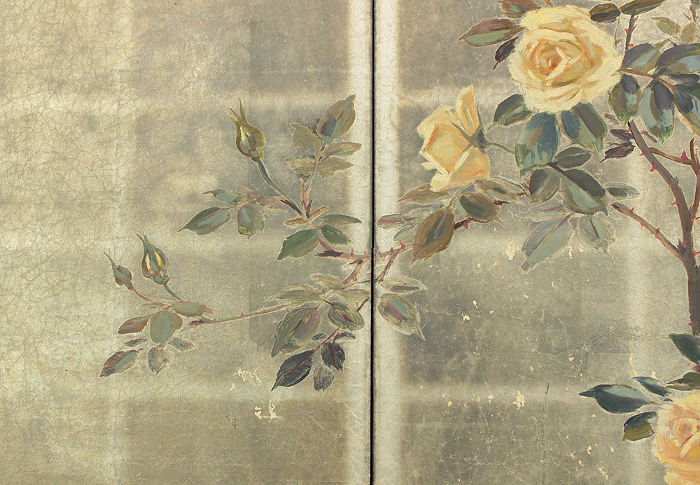 正二堂 Shojido 'Rose Flowers' A Pair of Silver Leaf Byobu Two Panels Folding Screen Byobu Room Dividers VA910 - Image 9