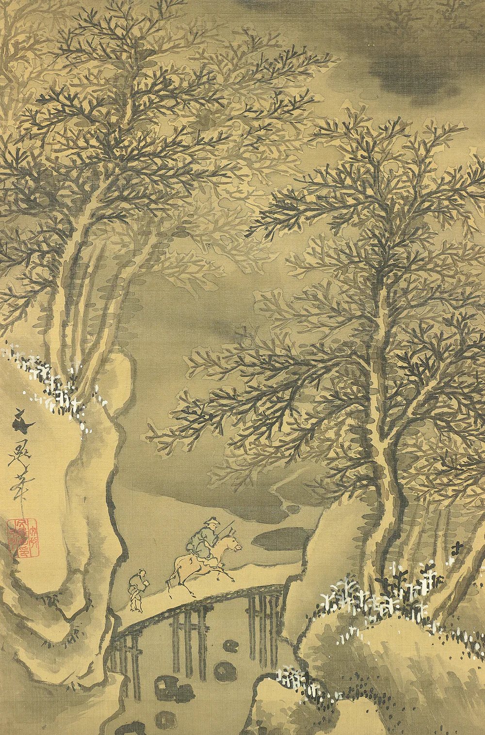 谷文晁 Tani Buncho Japanese antique art kakejiku kakemono wall hanging scroll / Raised Mountain, Person Riding on Horse, & Winter Landscape Sansui A175 - Image 10