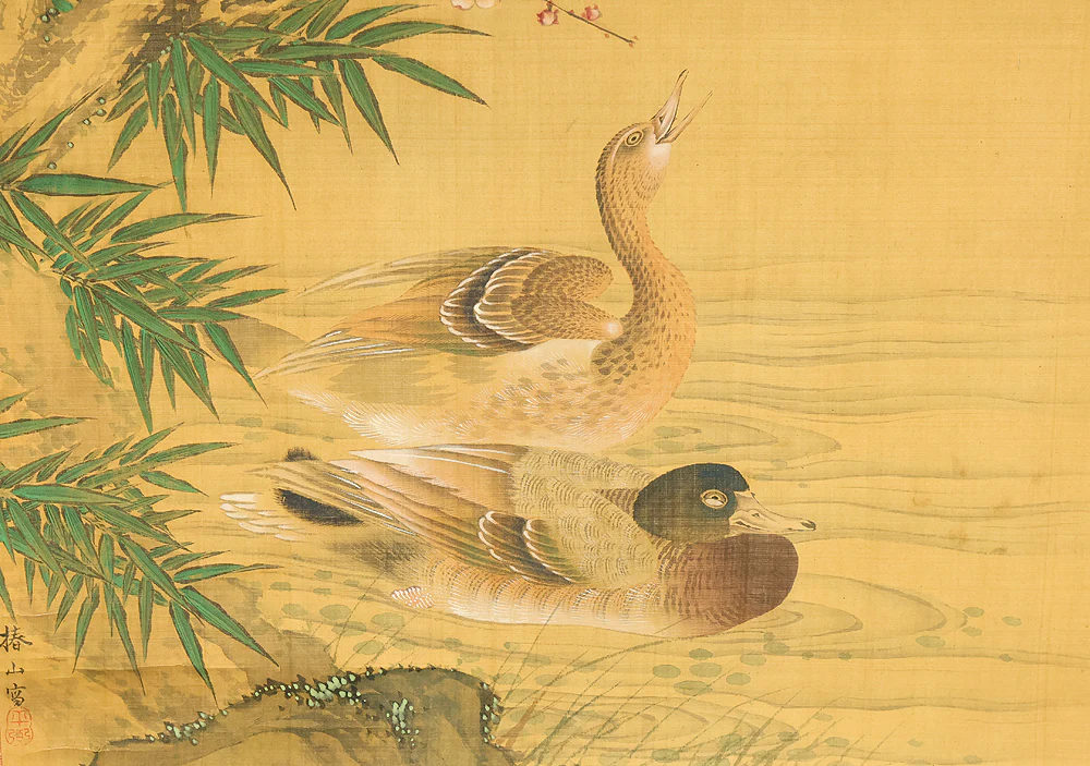 椿椿山 Tsubaki Chinzan (1801-1854) Japanese antique art Large kakejiku Kakemono wall hanging scroll / Plum Blossoms Moon Waterfowl with Box RE951 - Image 9
