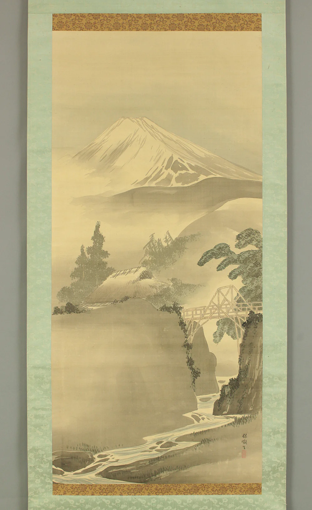 楳嶺 Bairei Japanese art kakejiku kakemono wall hanging scroll / Mountains Rivers Landscapes Suspension Bridge Hermitage RC832