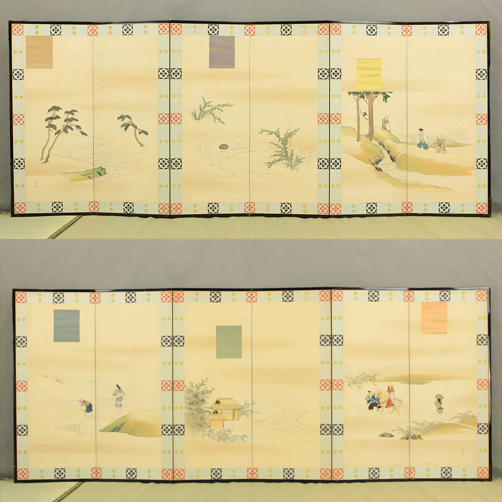 文隆 Bunryu 'Scenes of Riverside Life' Pair of Byobu Room divider 6 panels Folding screens VA700