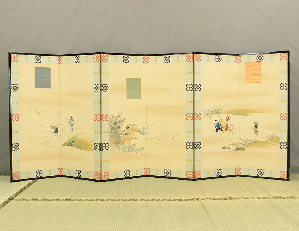 文隆 Bunryu 'Scenes of Riverside Life' Pair of Byobu Room divider 6 panels Folding screens VA700 - Image 37