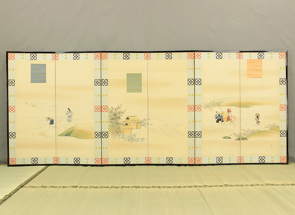 文隆 Bunryu 'Scenes of Riverside Life' Pair of Byobu Room divider 6 panels Folding screens VA700 - Image 38