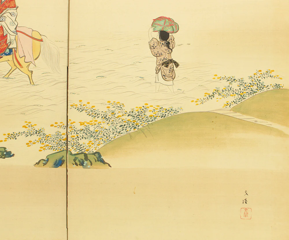 文隆 Bunryu 'Scenes of Riverside Life' Pair of Byobu Room divider 6 panels Folding screens VA700 - Image 60