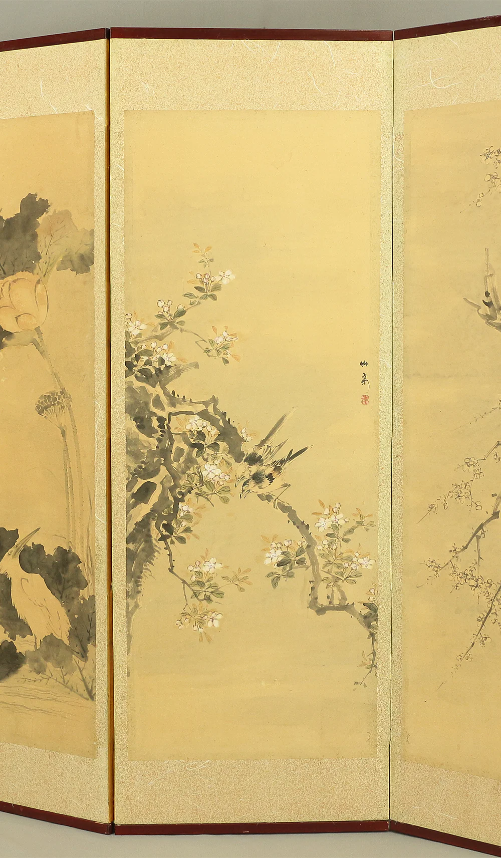 竹菊 Chikugiku Japanese Byobu Room divider 6 panels Folding screens / Kacho Flower & Bird - Birds, Ume plum, Sakura cherry, Lotus, Egret Heron, Magnolia, Chrysanthemum, Moon, Crows & Dead Tree V710 - Image 10
