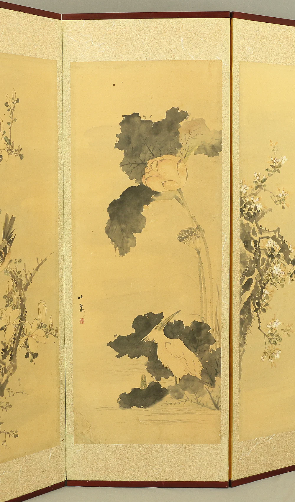 竹菊 Chikugiku Japanese Byobu Room divider 6 panels Folding screens / Kacho Flower & Bird - Birds, Ume plum, Sakura cherry, Lotus, Egret Heron, Magnolia, Chrysanthemum, Moon, Crows & Dead Tree V710 - Image 16