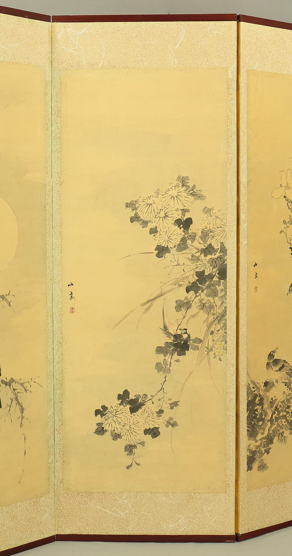 竹菊 Chikugiku Japanese Byobu Room divider 6 panels Folding screens / Kacho Flower & Bird - Birds, Ume plum, Sakura cherry, Lotus, Egret Heron, Magnolia, Chrysanthemum, Moon, Crows & Dead Tree V710 - Image 29