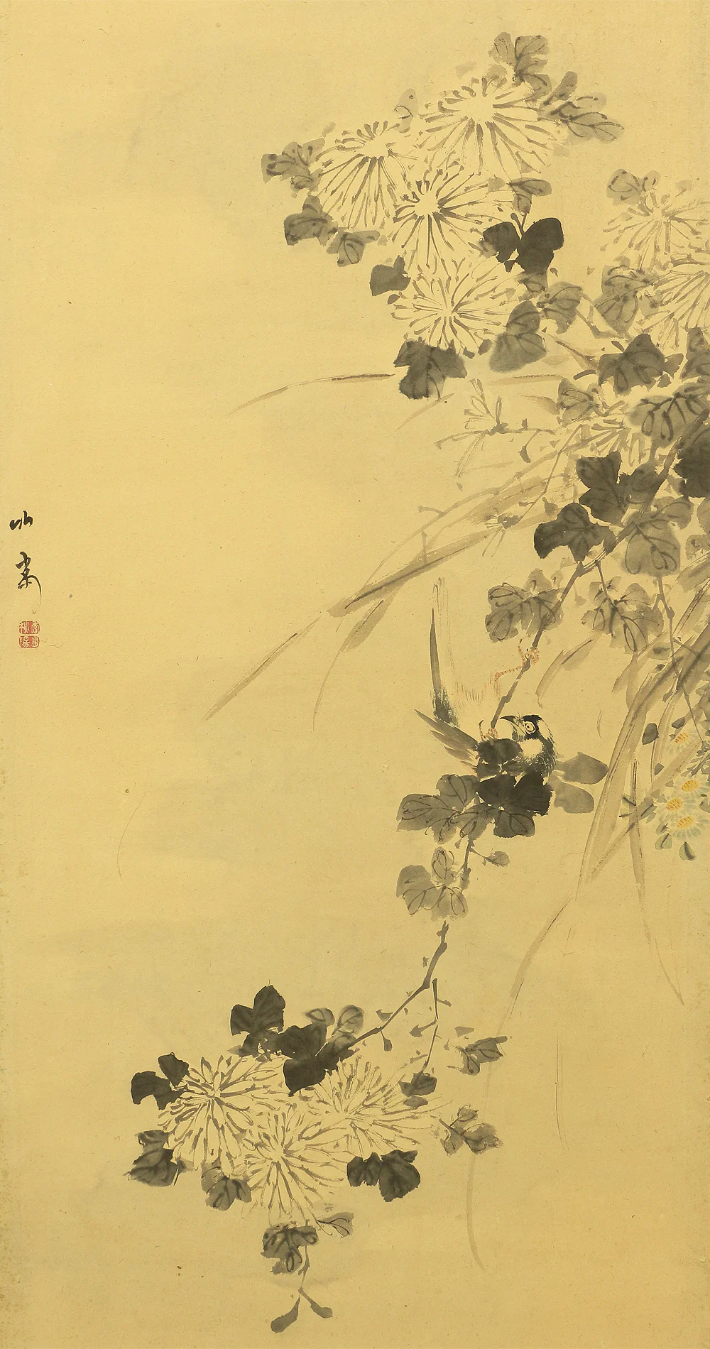 竹菊 Chikugiku Japanese Byobu Room divider 6 panels Folding screens / Kacho Flower & Bird - Birds, Ume plum, Sakura cherry, Lotus, Egret Heron, Magnolia, Chrysanthemum, Moon, Crows & Dead Tree V710 - Image 30
