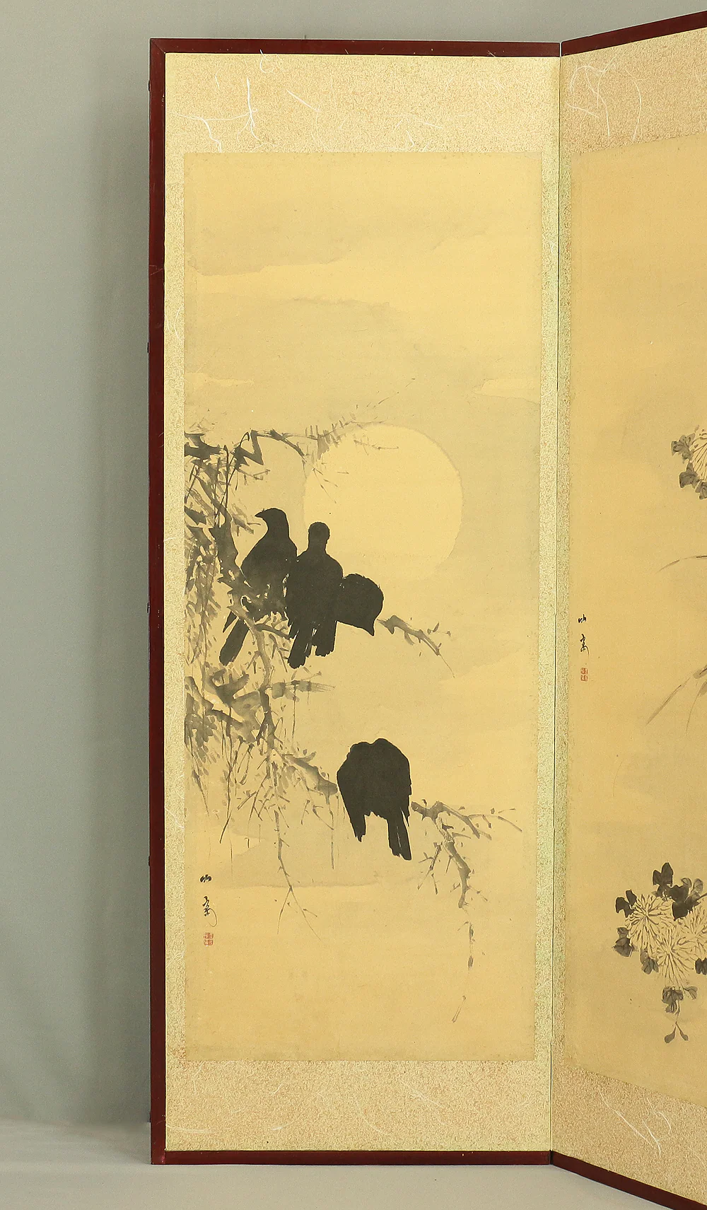 竹菊 Chikugiku Japanese Byobu Room divider 6 panels Folding screens / Kacho Flower & Bird - Birds, Ume plum, Sakura cherry, Lotus, Egret Heron, Magnolia, Chrysanthemum, Moon, Crows & Dead Tree V710 - Image 35