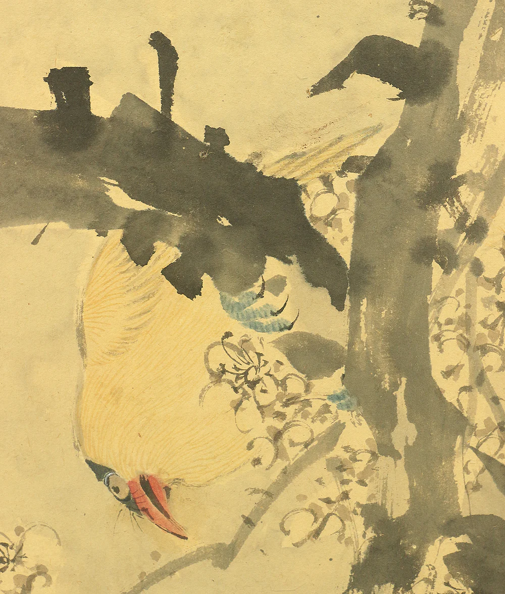竹菊 Chikugiku Japanese Byobu Room divider 6 panels Folding screens / Kacho Flower & Bird - Birds, Ume plum, Sakura cherry, Lotus, Egret Heron, Magnolia, Chrysanthemum, Moon, Crows & Dead Tree V710 - Image 5
