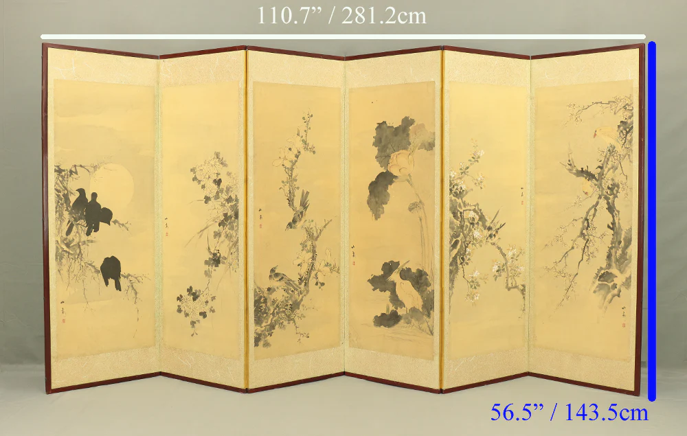 竹菊 Chikugiku Japanese Byobu Room divider 6 panels Folding screens / Kacho Flower & Bird - Birds, Ume plum, Sakura cherry, Lotus, Egret Heron, Magnolia, Chrysanthemum, Moon, Crows & Dead Tree V710 - Image 50