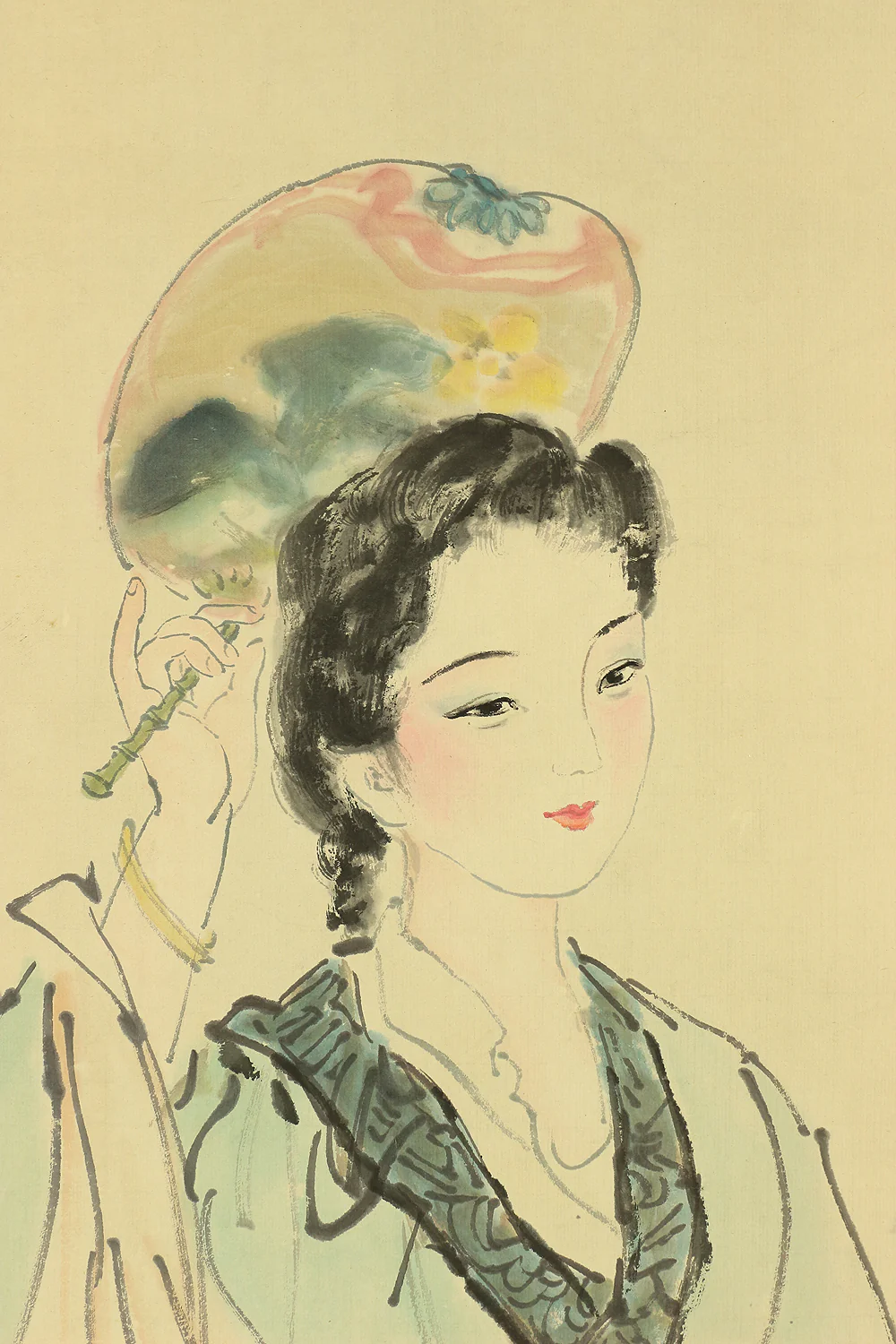 中国 Chinese art Big kakejiku kakemono wall hanging scroll / Beautiful woman wearing blue clothes, big leaf & flowers W306 - Image 6