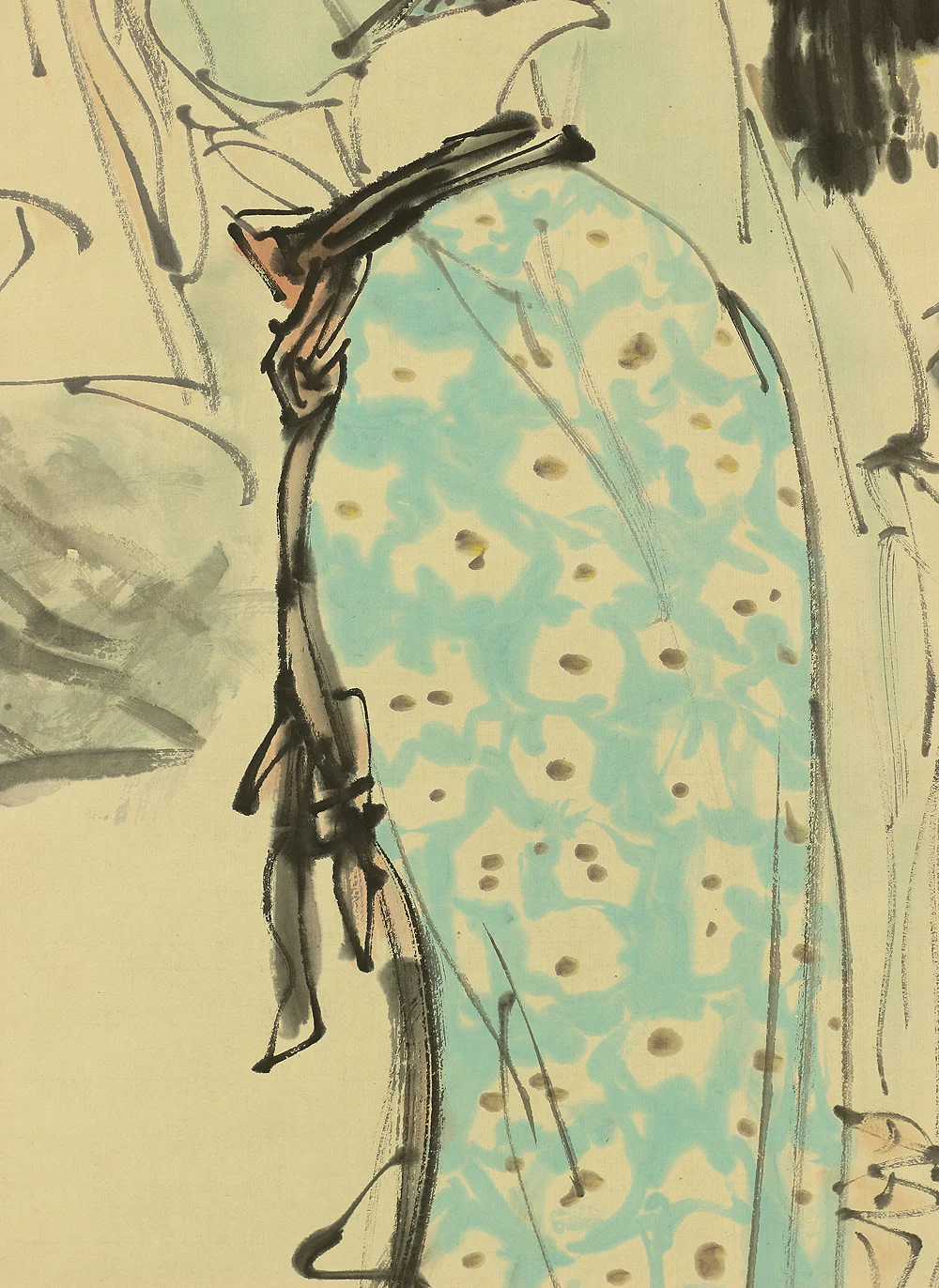 中国 Chinese art Big kakejiku kakemono wall hanging scroll / Beautiful woman wearing blue clothes, big leaf & flowers W306 - Image 7