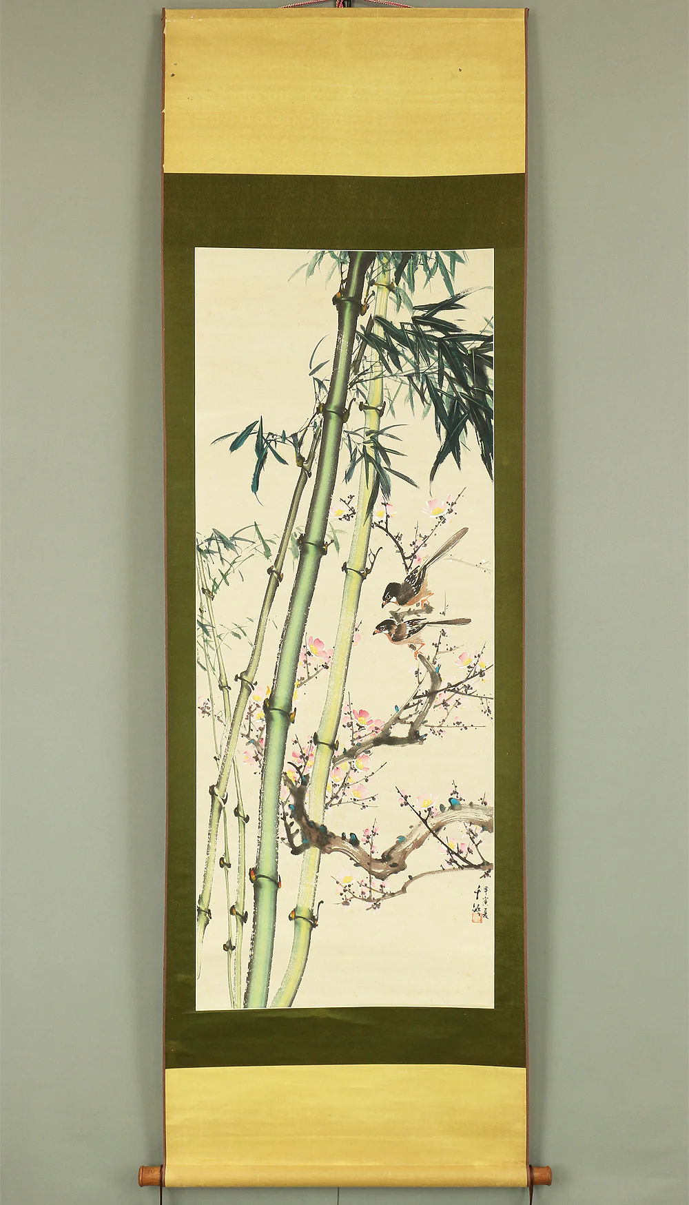 中国 Chinese art kakejiku kakemono wall hanging scroll / Bamboo, flowers, & two birds W774 - Image 2