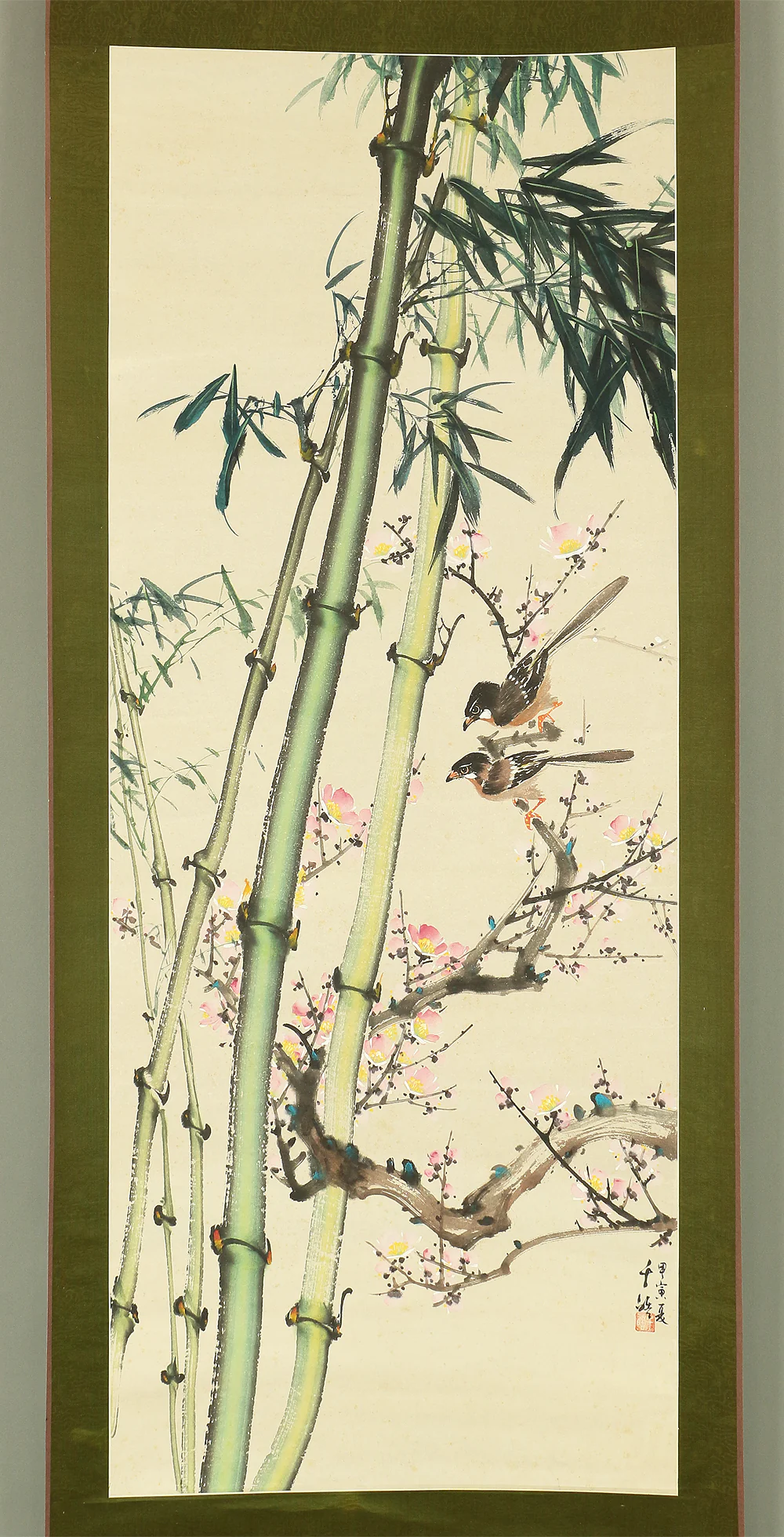 中国 Chinese art kakejiku kakemono wall hanging scroll / Bamboo, flowers, & two birds W774 - Image 3