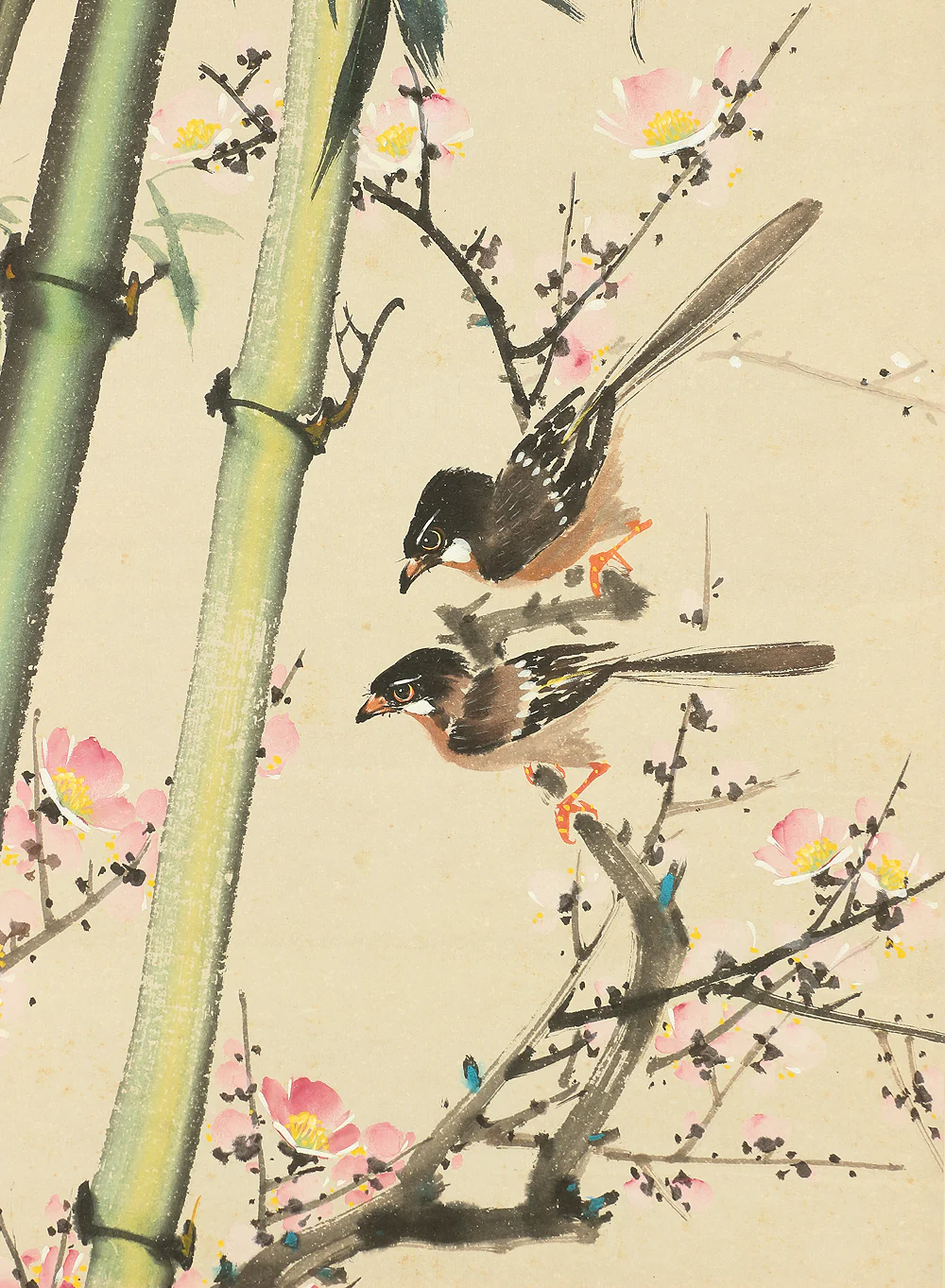 中国 Chinese art kakejiku kakemono wall hanging scroll / Bamboo, flowers, & two birds W774 - Image 6
