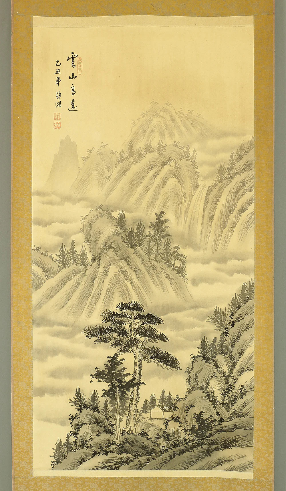 静湖 Chinese Kakejiku Kakemono wall Hanging scroll / Waterfall Clouded Mountains Landscape Sansui A720 - Image 3