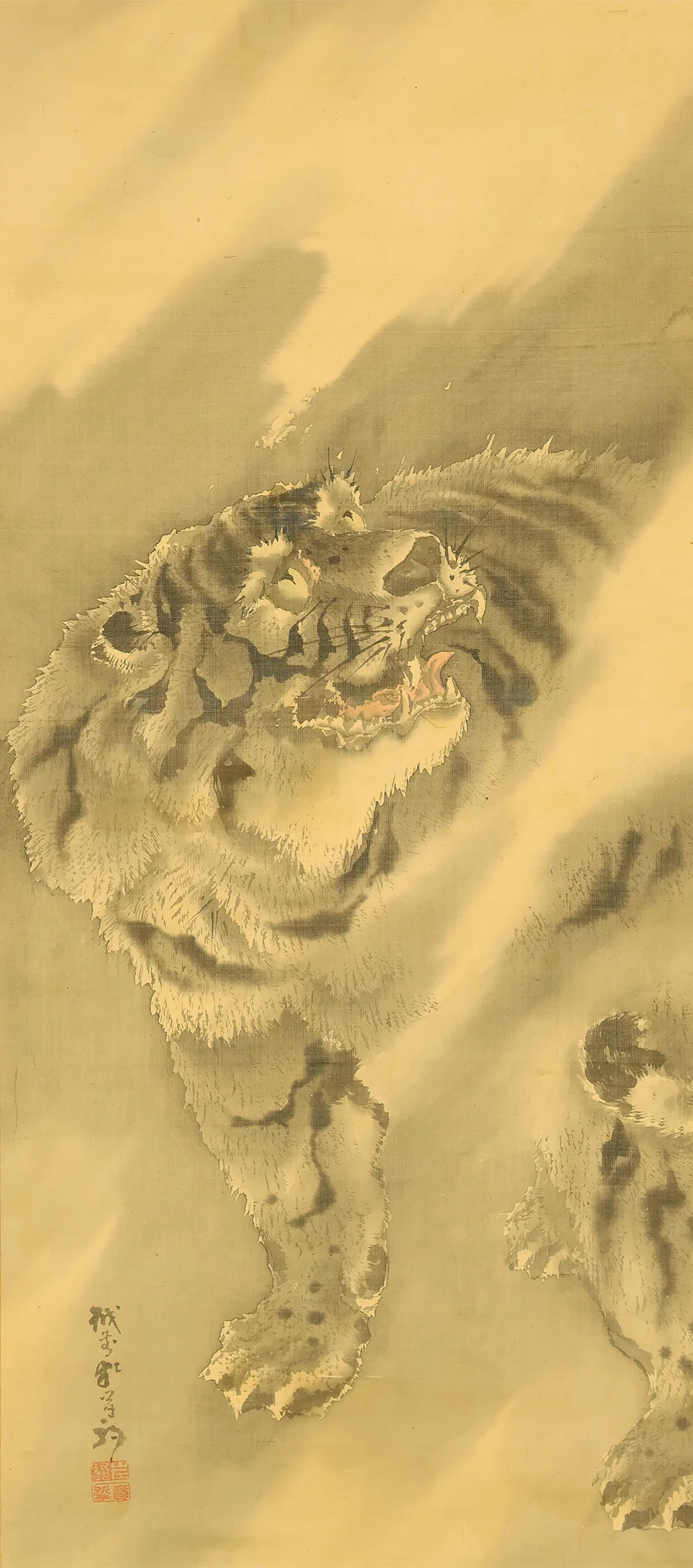 岸駒 Ganku (1749-1838) Japanese art a set of three kakejiku kakemono wall hanging scrolls / Jurojin (God of longevity), Dragon, and Tiger with Box RD815 - Image 30