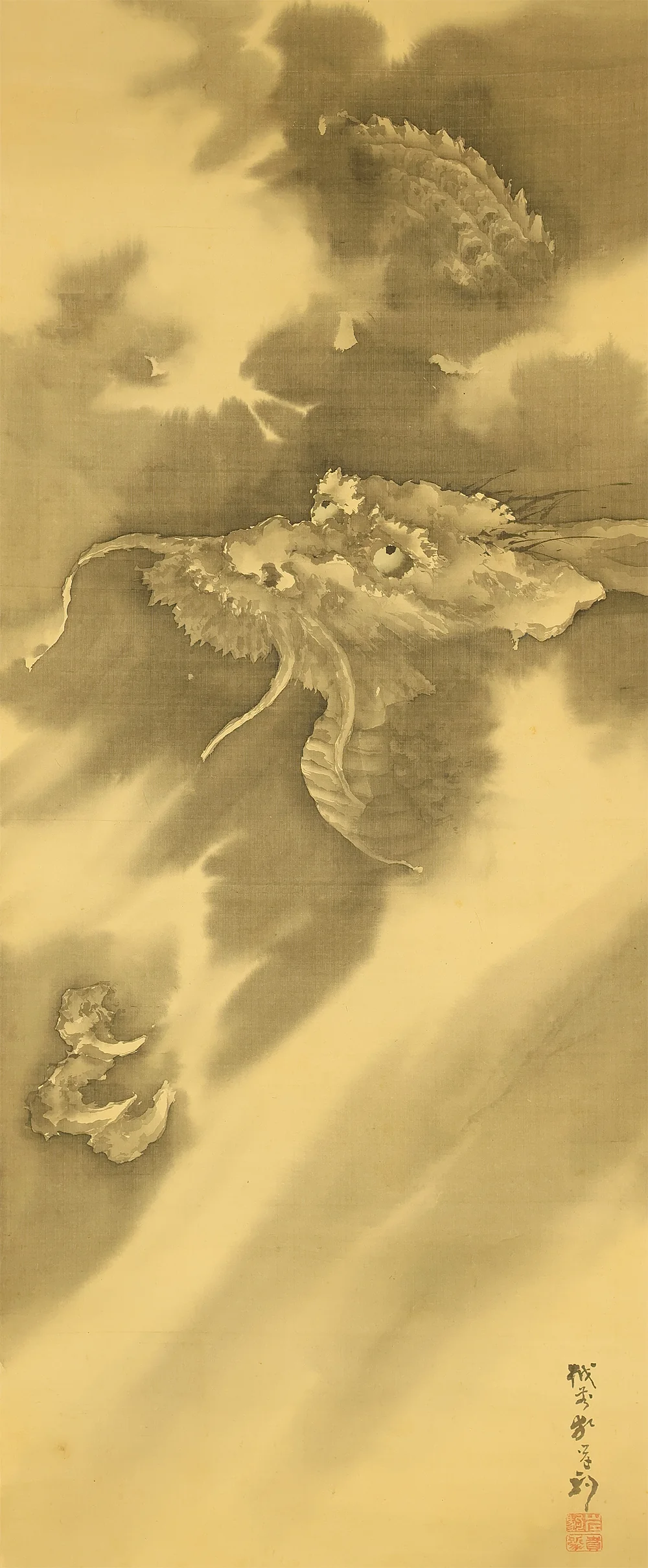 岸駒 Ganku (1749-1838) Japanese art a set of three kakejiku kakemono wall hanging scrolls / Jurojin (God of longevity), Dragon, and Tiger with Box RD815 - Image 4