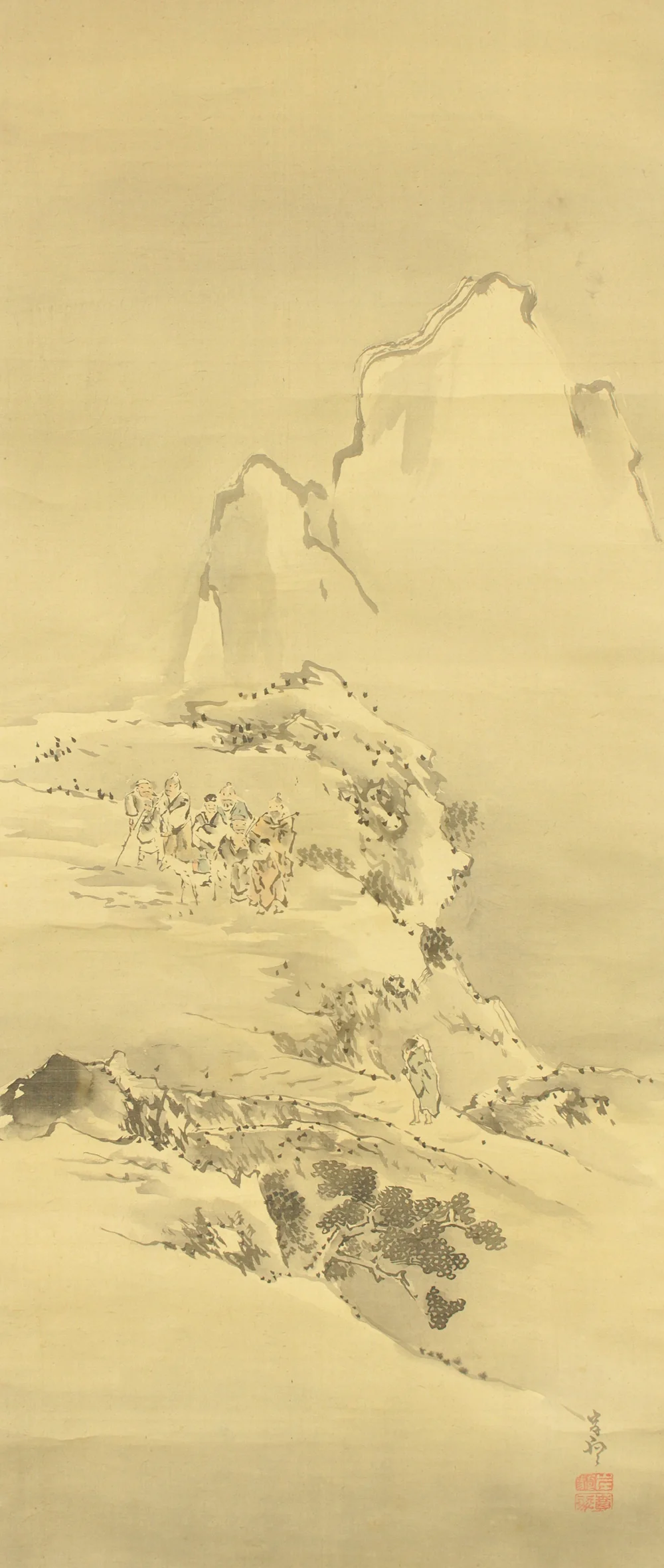 岸駒 Ganku (1749-1838) Japanese art a set of three kakejiku kakemono wall hanging scrolls / Mountains Rivers People Landscapes RC844 - Image 4
