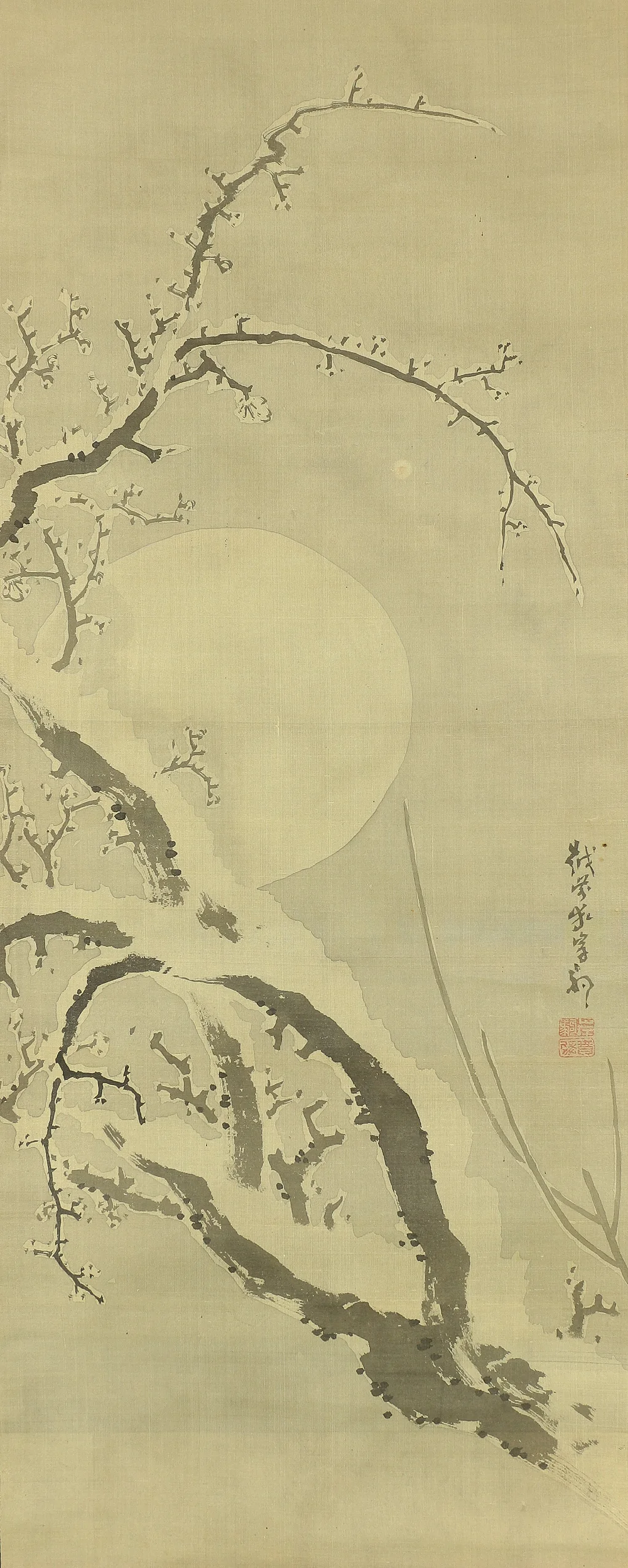 岸駒 Ganku (1749-1838) Japanese antique art kakejiku kakemono wall hanging scroll / Winter Moon and Snow-covered Plums with Box RC575 - Image 4