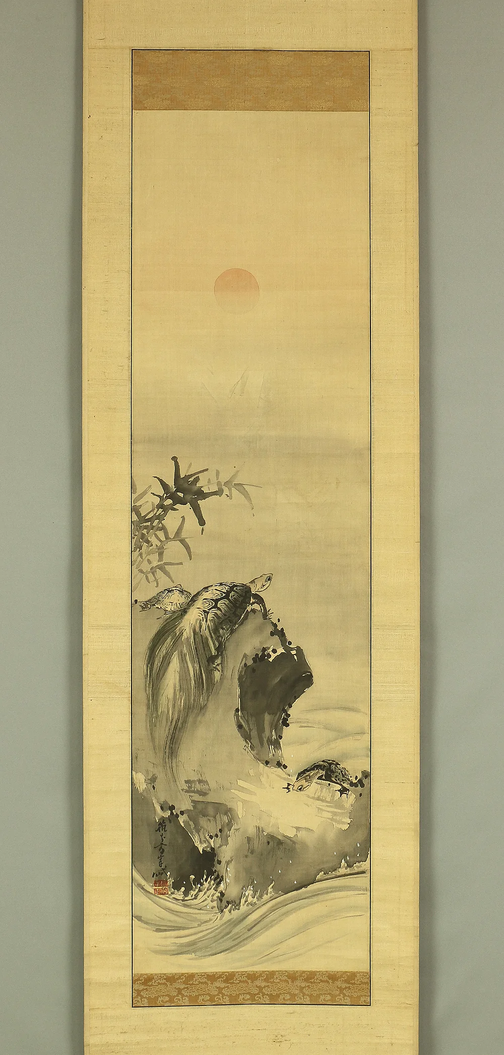 岸岱 Gantai (1782-1865) Japanese antique art Paired kakejiku kakemono wall hanging scrolls / Rising Sun Waves Cranes and Turtles with Box RB816 - Image 15