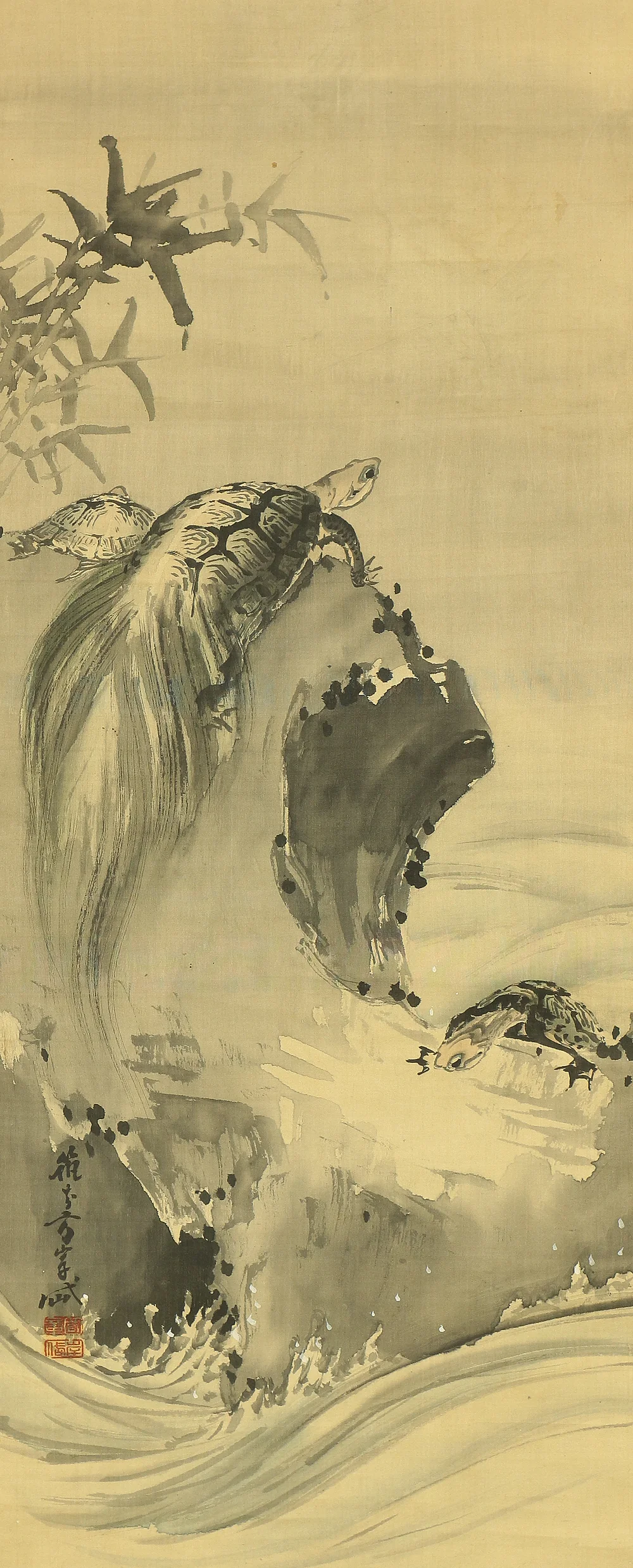岸岱 Gantai (1782-1865) Japanese antique art Paired kakejiku kakemono wall hanging scrolls / Rising Sun Waves Cranes and Turtles with Box RB816 - Image 19