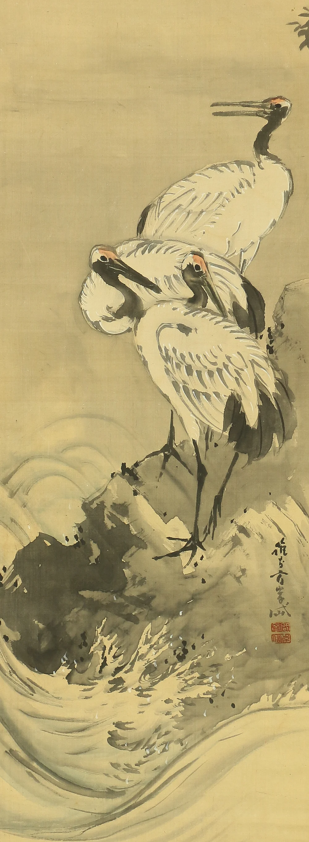 岸岱 Gantai (1782-1865) Japanese antique art Paired kakejiku kakemono wall hanging scrolls / Rising Sun Waves Cranes and Turtles with Box RB816 - Image 6