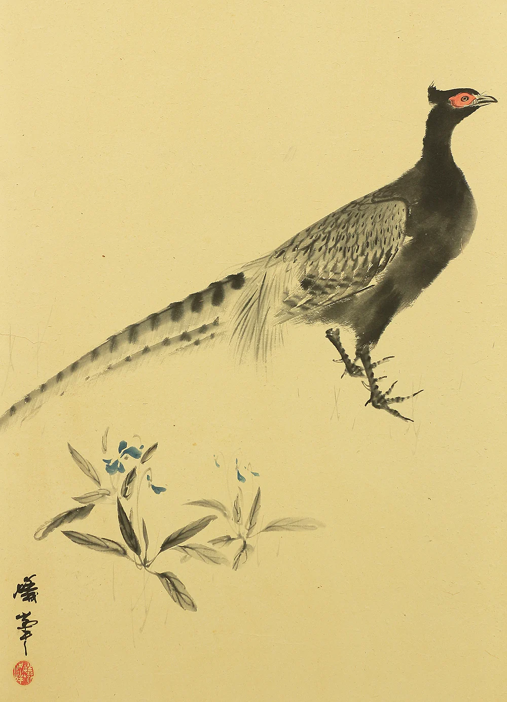 蟻峰 Giho Japanese Pair of Byobu Room divider 6 panels Folding screens "Kacho - Pine Pheasant Plum Iris Egret Willow Bellflower Wild Duck Chrysanthemum Nandina Crow Bamboo" V825 - Image 10