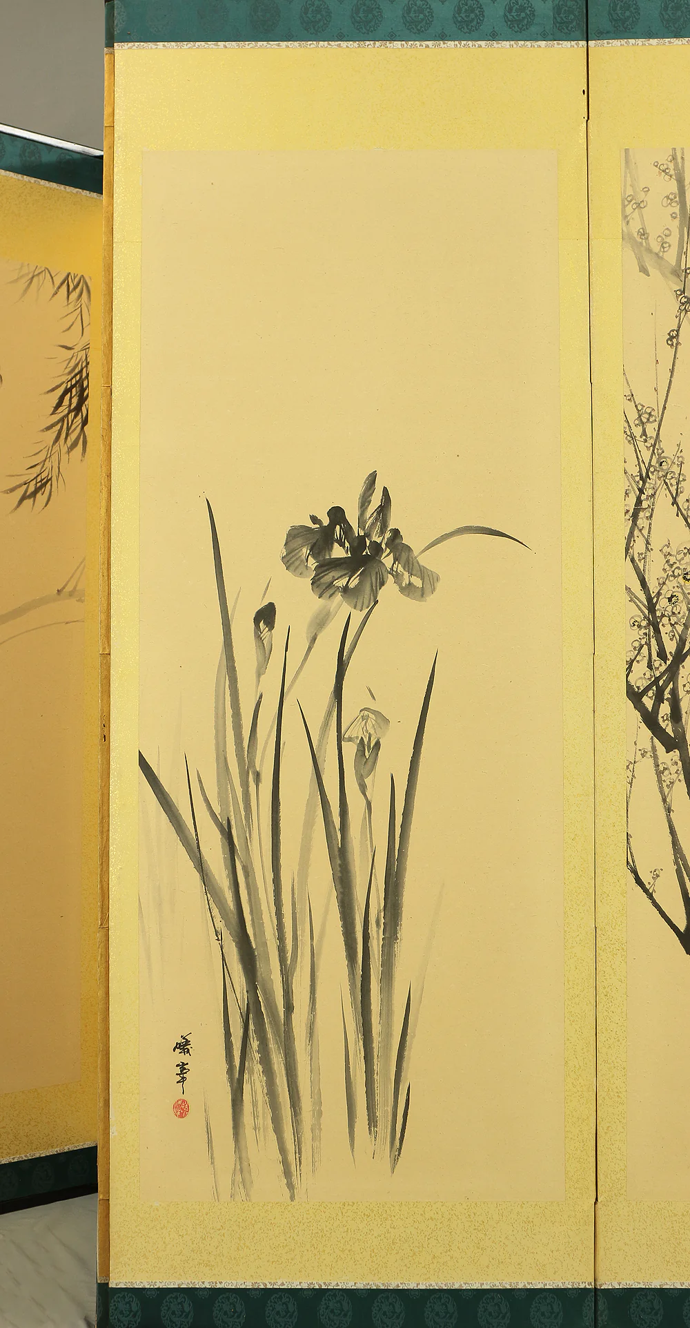 蟻峰 Giho Japanese Pair of Byobu Room divider 6 panels Folding screens "Kacho - Pine Pheasant Plum Iris Egret Willow Bellflower Wild Duck Chrysanthemum Nandina Crow Bamboo" V825 - Image 18