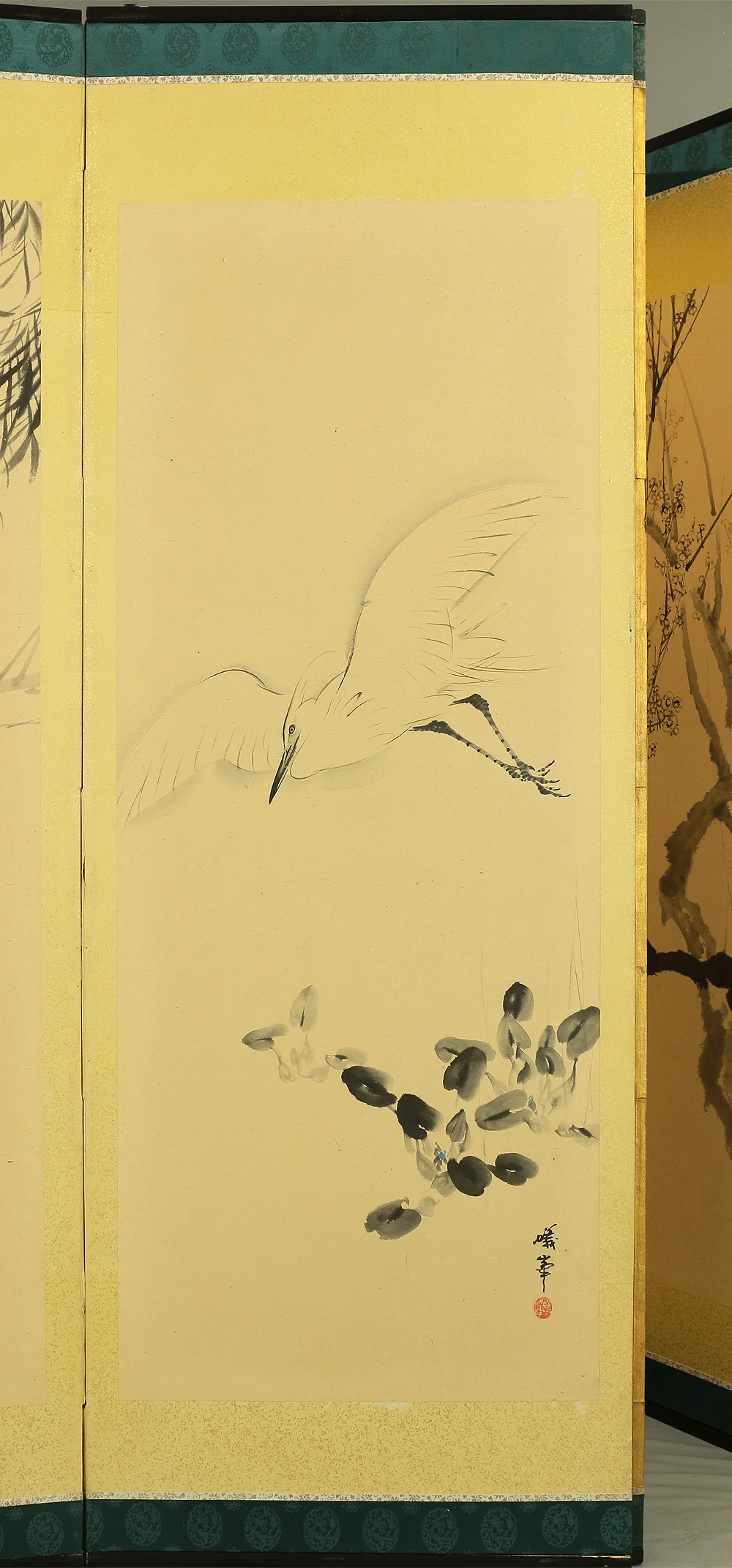 蟻峰 Giho Japanese Pair of Byobu Room divider 6 panels Folding screens "Kacho - Pine Pheasant Plum Iris Egret Willow Bellflower Wild Duck Chrysanthemum Nandina Crow Bamboo" V825 - Image 23