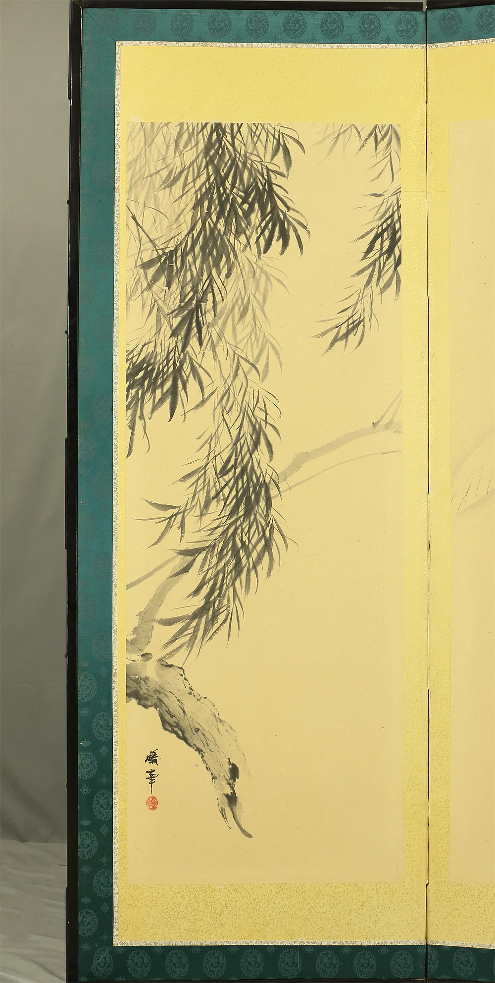 蟻峰 Giho Japanese Pair of Byobu Room divider 6 panels Folding screens "Kacho - Pine Pheasant Plum Iris Egret Willow Bellflower Wild Duck Chrysanthemum Nandina Crow Bamboo" V825 - Image 28