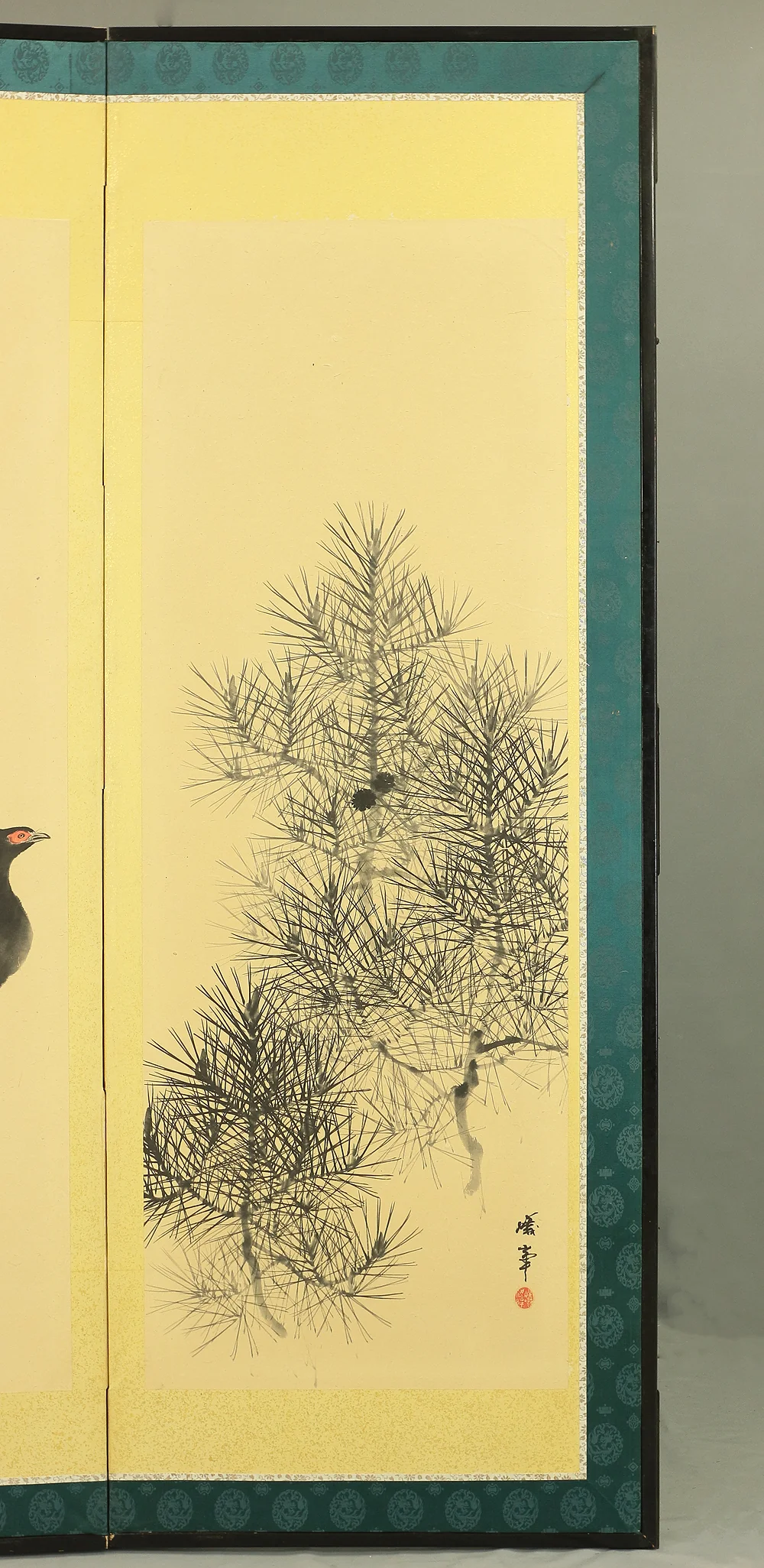 蟻峰 Giho Japanese Pair of Byobu Room divider 6 panels Folding screens "Kacho - Pine Pheasant Plum Iris Egret Willow Bellflower Wild Duck Chrysanthemum Nandina Crow Bamboo" V825 - Image 3