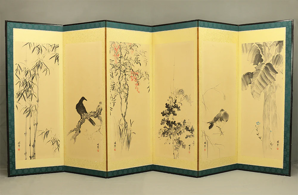 蟻峰 Giho Japanese Pair of Byobu Room divider 6 panels Folding screens "Kacho - Pine Pheasant Plum Iris Egret Willow Bellflower Wild Duck Chrysanthemum Nandina Crow Bamboo" V825 - Image 37